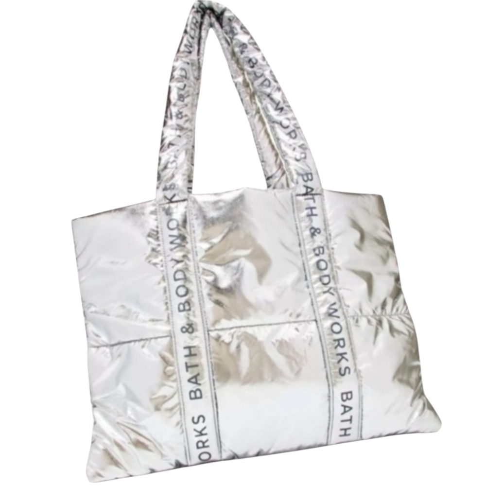 Metallic Puffer Tote In Silver - Bath & Body Works Bag - NWT Large - Picture 2 of 4